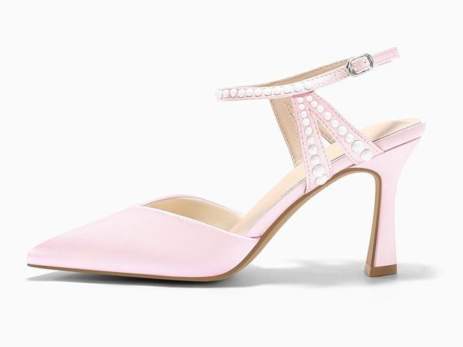 Coutgo Womens High Heels Closed Pointed Toe Satin Pumps Pearl Ankle Strap Wedding Party Dress Shoes thumbnail 4
