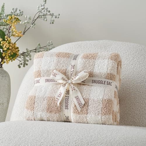 Snuggle Sac Checkered Throw Blanket for Couch, Super Soft Cozy Warm Knit Netural Decorative Fluffy Blankets, Reversible Buffalo Plaid Microfiber Throws for Sofa Bed, Plaid Beige, 50x60 Inches thumbnail 3