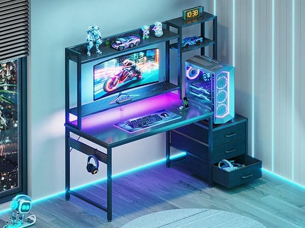 Casaottima 48 Inch Gaming Desk with Hutch & 3 Fabric Drawers, Computer Desk with USB Ports & LED Lights, Reversible Pc Gamer Table with Monitor Stand for Home Office, Carbon Fiber Black thumbnail 2