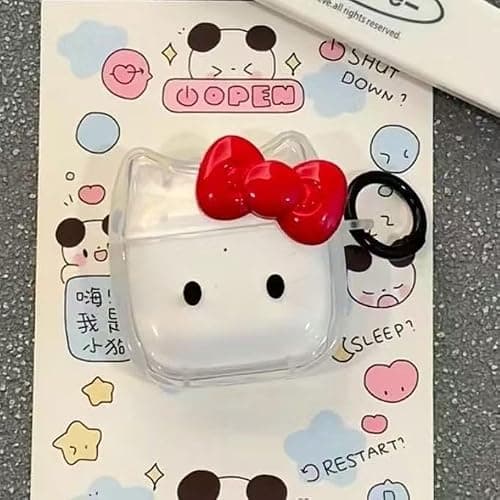 Transparent Clear Earphone Case for AirPods Pro, Cute Lovely Cat Face Soft TPU Silicone Case, Kitty AirPods Pro 2 Cover Protective Skin Shockproof Protector for iPod Earbuds -Red Bowknot Cat thumbnail 2