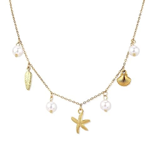 RIXERKOC Collier de Charme en Or pour Femme, Délicat Pendentif Etoile de Mer en Perle, collier joli coquillage en or 14k, collier ras de cou à breloques boho, bijoux d'été plage surfeur - B - Image 1