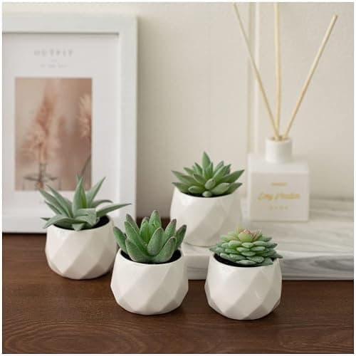 CADNLY Fake Succulent Plant Set - Artificial Plants for Women Desk - Realistic Faux Succulents in Ceramic Pots - Mini Green Decor for Bedroom Bathroom Office Shelf 4 Pack thumbnail 6