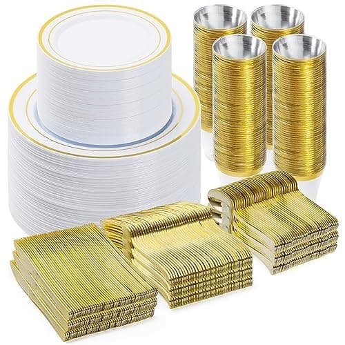 BESTVIP 600PCS Gold Dinnerware Set for 100 Guests, Plastic Plates for Party, 100 Gold Disposable Plates, 100 Dessert Plates, 100 Cups, 100 Spoons, 100 Forks and 100 Knives - Image 1