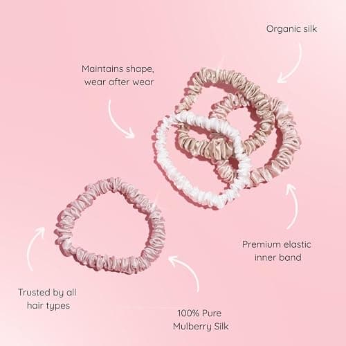 SILKIE x4 Set 100% Pure Mulberry Silk Pink Nude Neutral Skinny Scrunchies Travel Pouch Everyday Hair Ties Elastics Hair Care Ponytail Holder No Damage (Nudes) thumbnail 2