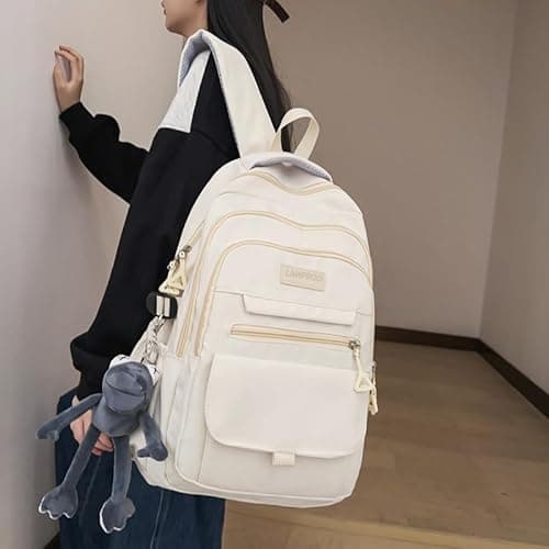 Cute Aesthetic Girls Backpack for School Large Capacity Bookbags College Backpack for Students Kids Teen Girls Laptop Bookbag Casual Travel Daypacks(White) - White thumbnail 2