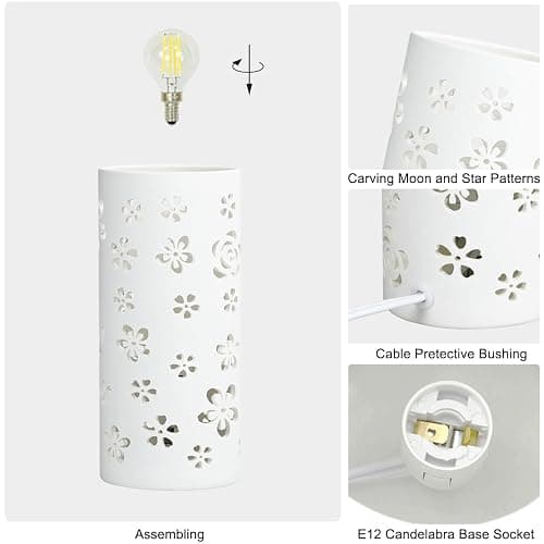 Lampwell Dana White Modern Ceramic Flower Carving Table Lamp for Living Room & Bedroom,Kids Night Ceramic Table Lamp,Φ3.54×H7.87IN,Bulb Excluded thumbnail 6