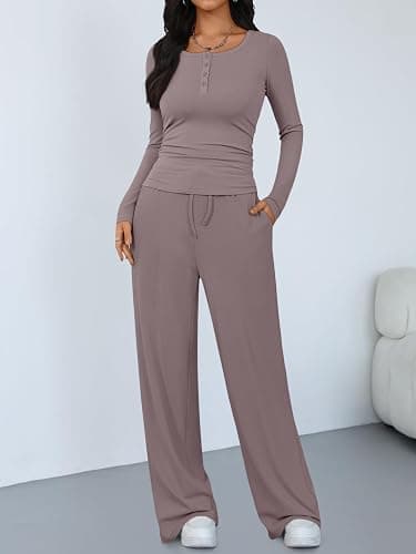 Trendy Queen Women's 2 Piece Matching Lounge Sets Long Sleeve Henley Neck Slightly Crop Top Wide Leg Pants Casual Sweat Suit thumbnail 2
