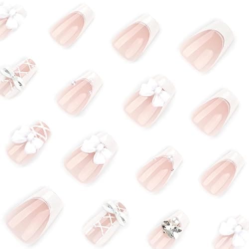 White Press on Nails Medium Coffin Fake Nails French Nails Press ons with Bow Tie Lace Design Full Cover Stick on Nails for Women Manicure,Reusable | Artificial | Nail Sticky Tabs | Easy Apply | 24Pcs thumbnail 3