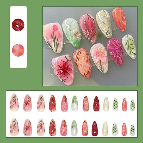 MouyouGlow 30 Pieces Press on Nails Kurz,Almond Gradient French 3D Bubble Blumen Floral Schmetterling Design Y2K Fake Nails mit Nagelkleber,Colourful Flowers Sommer INS Künstliche Fingernägel thumbnail 2