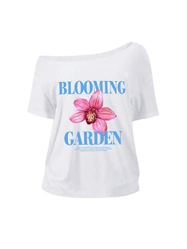RoseSeek Women's Oversized Off Shoulder Graphic Tees Short Sleeve Bow Letter Print T Shirts Y2K Tops - Image 1