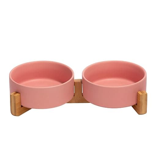 SPUNKYJUNKY Ceramic Dog and Cat Bowl with Wood Stand Non-Slip Matte Glaze Weighted Food Water Set for Cats &Small Dogs 13.5 OZ - Image 1