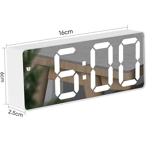 RMFC LED Digital Mirror Alarm Clock with Temperature & Date Calendar for Bedside, Bedroom, Office, Snooze, Adjustable Brightness, Voice Control Night Mode (White) thumbnail 2