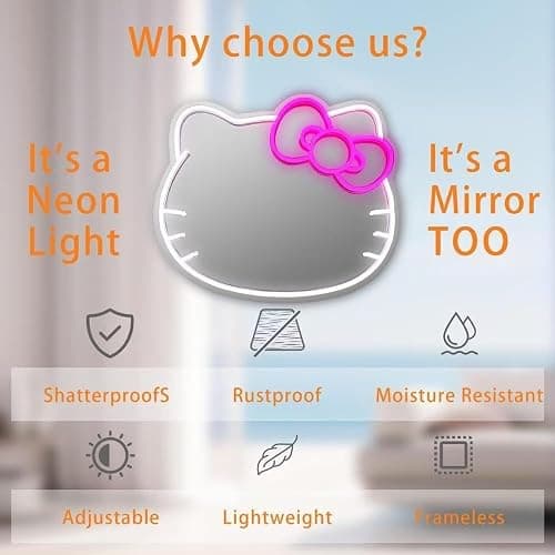 GALLIA Anime Hello Kit Mirror Vanity, Neon Mirror with Dimmable LED Lights, Perfect for Teen Girl Gift, Room Decor, 14.6" x 12.2" thumbnail 5