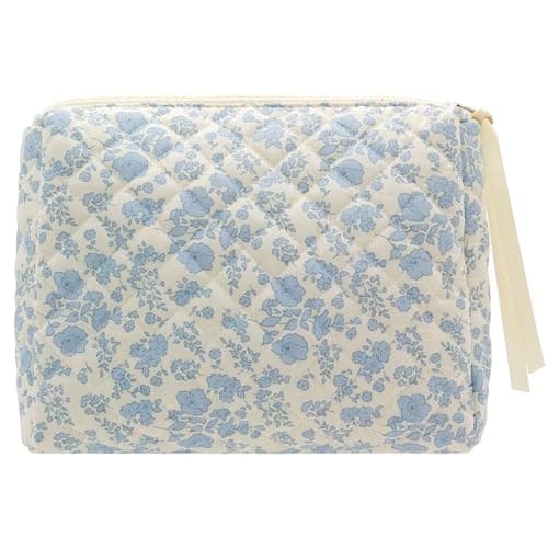 Cotton Makeup Bag for Women Large Quilted Travel Cosmetic Pouch Girls' Make Up Organizer,Little Flower Blue - Image 1