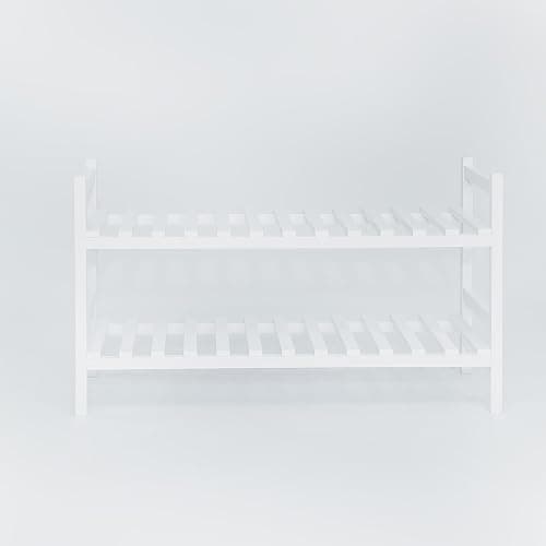 PJ Wood - Stackable White Wooden Shoe Rack - 2 Tier, 6 Pair | 29.1 x 29.1 x 15.7 in, Freestanding Floor Mount, No Assembly Required, Polished Waxed Finish, Rectangular Design, Hallway thumbnail 9