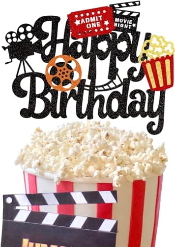 Confetti! Movie Night Cake Topper Happy Birthday Sign Cake Pick Decorations for Theater Video Recorder Roll Camera Popcorn Hollywood/Bollywood Theme Birthday Party Supplies - Image 1