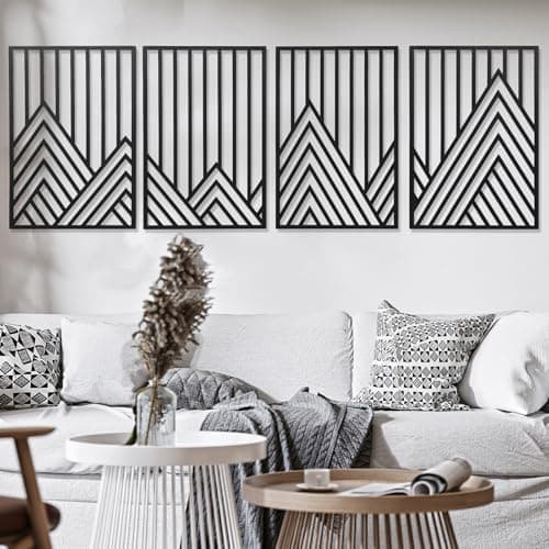 AMAATE Black Metal Wall Art, 4 Pieces Minimalist Geometric Mountain Line Art Sculpture, Hollowed Out Abstract Modern Metal Hanging Decor for Living Room Bedroom Office 14.6" X 22.5" in - Image 1