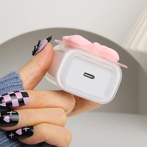QLD COVER Compatible with iPhone 18W/20W USB-C Charger Cover Cute 3D Bow Tie Design Clear Soft Charger Protector Kawaii Cable Saver for iPhone 11 12 13 14 Pro Max Fast Power Adapter, Pink 2 (5in1) thumbnail 6