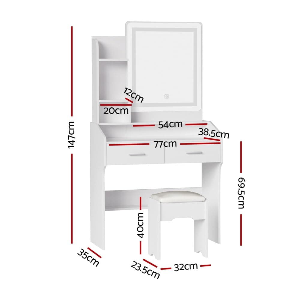 Artiss Dressing Table, LED Mirror Makeup Stool Set Wooden Vanity Desk Chair, Home Bedroom Furniture Girls Kids Women Organisers, Drawers Shelves Wide Tabletop White thumbnail 2