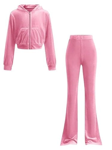 Lianpyxa Teen Girls Clothes 2 Piece Spring Outfits Fashion Letter Print Hooded Zip Up Top Flare Pants Set for 7-14T - Image 1