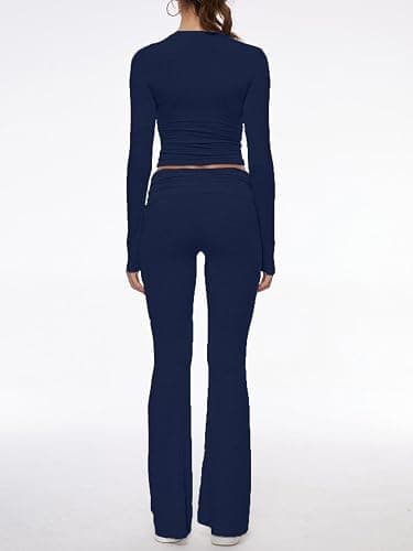 AnotherChill Women's 2 Piece Lounge Sets Fold-over Flare Pants Set Long Sleeve Cropped Top Casual Outfits Pajamas thumbnail 3