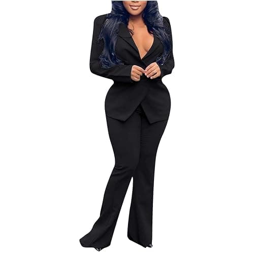 Women's Long Sleeves Blazer & Trouser-Suit - Slim Fit Jacket & Pants - Lapel Buttons - Elegant Office Formal Business Suit Set - UK Size - Image 1