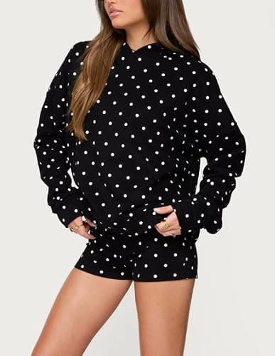 Morlaeley Women Polka Dot Hoodie Shorts Set Long Sleeve Oversized 2 Piece Sweat Set Casual Y2k Sweatshirt Matching Sets thumbnail 2