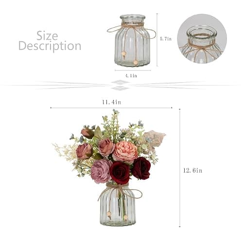 LESING Fake Artificial Flowers with Vase Faux Silk Flower Bouquet in Glass Vase Rose Floral Arrangements Flower for Home Office Decoration, Dining Table Centerpiece (Red) thumbnail 2