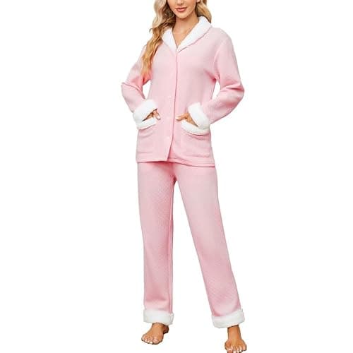 U2SKIIN Womens Pajama Set Soft Warm Sherpa Shawl Collar Long Sleeve Quilted Fabric Cotton Cozy Button-Down Pjs - Image 1