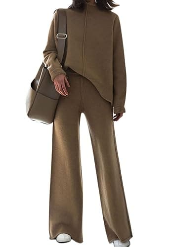 Fixmatti Women Sweater Set 2 Piece Knit Sweatsuit Turtleneck Sweater Top and Wide Leg Pant Lounge Outfits - Image 1