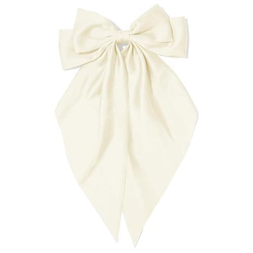 Big Beige Silky Satin Hair Bows with Long Tail Ribbon Barrettes for Women and Girls - Cute Coquette Hair Clips - Image 1
