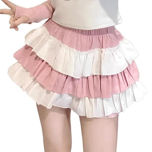 RILGOU Kawaii Harajuku Fashion Lolita Gothic Clothes Elastic Waist Color Blocking Cute Lace Trim Tiered Short Skirt - Image 1