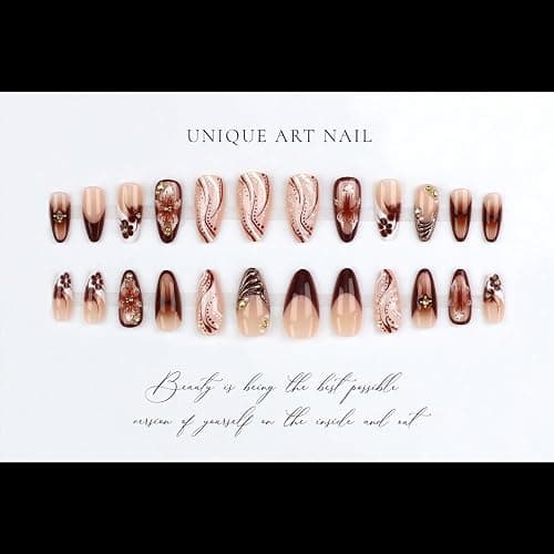 French Tips Press on Nails Medium Almond Nails Press on with 5D Flower Charm Design Glossy Brown Glue on Nails Water Ripple Rhinestones Fake Nail Reusable Fall Winter Nail for Women Manicure 24Pcs thumbnail 4