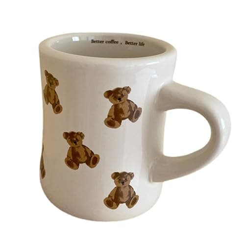 Heardbeli Women Girls Creamy White Cartoon Bear Mugs Ceramic Coffee Mug Water Cup 350ML/12OZ. Cute Funny Novelty Gift - Image 1