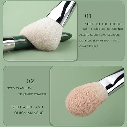Natural Real Goat Hair Makeup Brushes Set Labeled 9 Piece Face and Eye Brush Set Ultra soft hair Foundation, Concealer, Blush, Contour, Blending, Eyeshadow Kabuki travel makeup brush set (green) thumbnail 5