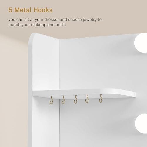 TEENFON Makeup Vanity with 11 Drawers, Vanity Desk with Mirror and Lights, 6 Shelves, 5 Jewel Hooks, Vanity Table with Power Strip for Bedroom, Livinng Room, White thumbnail 5