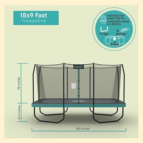 SKYWALKER TRAMPOLINES 12 FT 15 FT Round Trampoline with Safety Enclosure Net, 9 x 15 FT Rectangle Outdoor Trampoline, Recreational Trampoline for Kids - 9x15 FT - Teal thumbnail 5