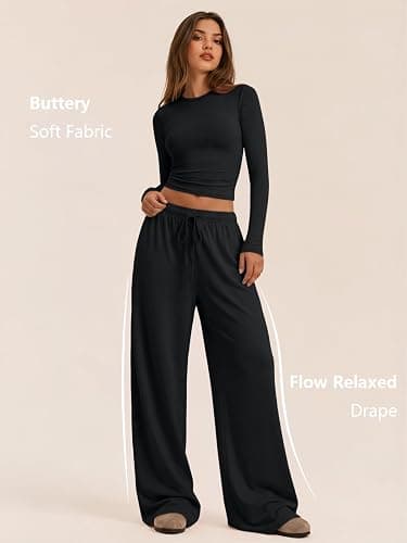 Trendy Queen Women's 2 Piece 2026 Fall Fashion Lounge Set with Pockets | Airport Outfit, Athleisure Workout Set, Fall Wardrobe Staple, Winter Style, Side-Ruched Top, Drawstring Wide-Leg Pants thumbnail 2