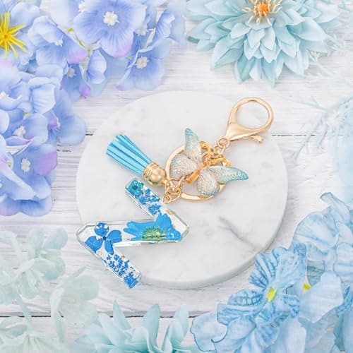 MWOOT Initial Letter Z Keychain Resin Alphabet Keyrings,Blue Petals Gold Foil Key Ring Charm with Butterfly Tassel Pendant,Kawaii Key Chain for Womens Gift Ideas Wallet Purse Bag Handbag Decor (Z) thumbnail 2