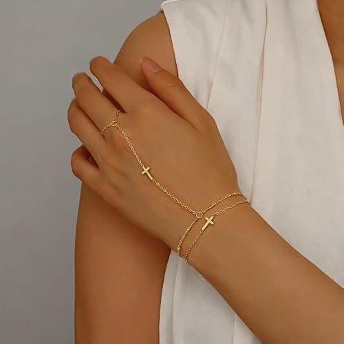 JUTOLOKA 18K Gold Plated Small Cross Bracelet for Women | Tiny Cute Cross Bracelets | Beaded Bracelet | Hip Hop Knot | Hand Chain Bracelets | Gold Jewelry Gifts for Women thumbnail 6