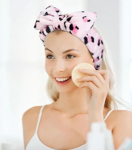 Huachi Pink Leopard Soft Microfiber Spa Headbands for Women Washing Face, Cute Skincare Headband with Bow, Face Wash Headbands for Teen Girls, Party Favors Bow Hair Band thumbnail 3