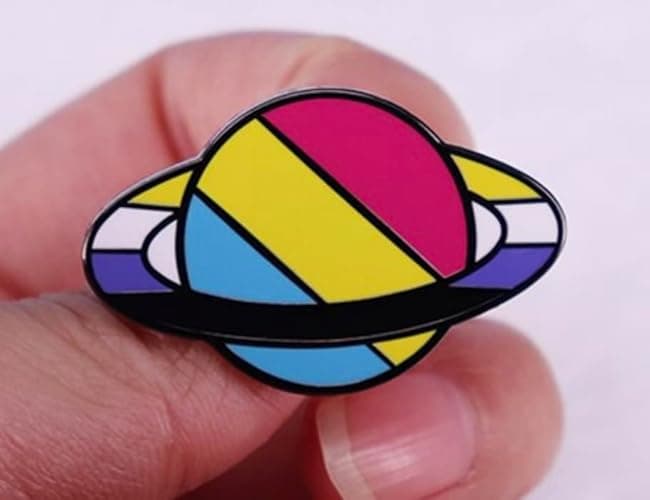 Saturn Planet Pansexual They Them Pronouns Non Binary Nonbinary Gender Neutral Flag Colors LGBTQ 1.4" Enamel Pin Badge by Pinstant thumbnail 2
