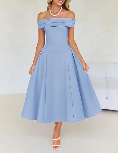 ZESICA Cocktail Dresses for Women's Elegant Off Shoulder Short Sleeve Swing A Line Wedding Evening Party Midi Dress thumbnail 7