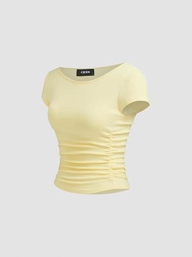 CIDER Women Ruched Crop Top Cap Sleeve Tee Boat Neck Fitted T Shirts thumbnail 3