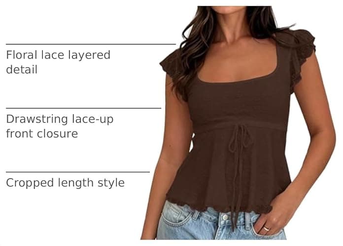 BAIGRAM Women Floral Flowy Babydoll Peplum Tops Y2K Cap Sleeve Ruffle Tank Square Neck Lace Up Layered Crop Shirt Going Out thumbnail 4