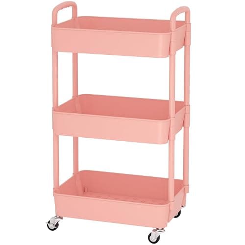 Sywhitta 3-Tier Plastic Rolling Utility Cart with Handle, Multi-Functional Storage Trolley for Office, Living Room, Kitchen, Movable Storage Organizer with Wheels, Pink thumbnail 8