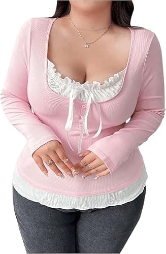 SOLY HUX Women's Long Sleeve T-Shirts 2 in 1 Tie Front Fitted Tee Tops Coquette Aesthetic Clothes - Image 1