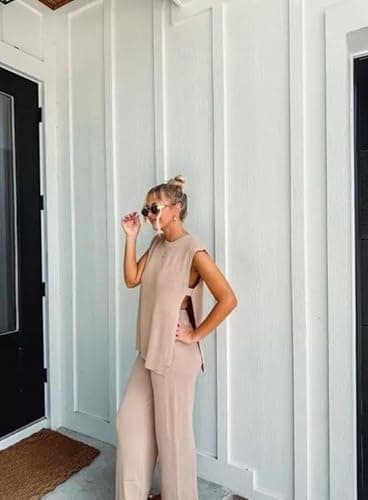 Lviefent Womens 2 Piece Outfits Sweater Set Sleeveless Side Slit Pullover Top Knit Wide Leg Pants Lounge Matching Sets thumbnail 8