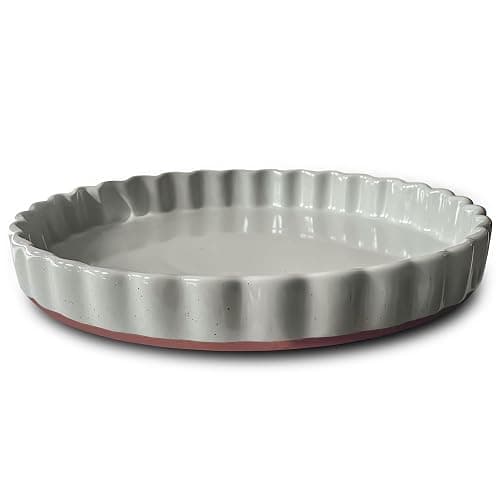 MORA Ceramic Tart Pan, 9.5 Inch Large Porcelain Baking Dish for Tarts, Quiche, Pie, Flan etc. Fluted Ruffled Edge, Oven, Microwave, Freezer, and Dishwasher safe - Great Gift For Bakers - Earl Grey - Image 1