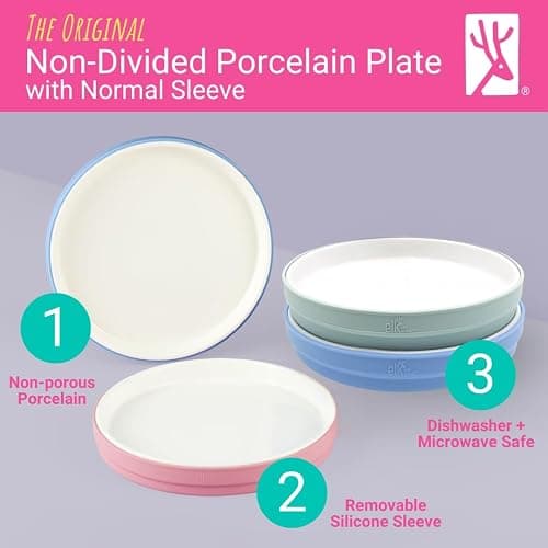 Elk and Friends Kids 7.8” Porcelain White Plates with Silicone Sleeves | Suitable for Babies/Toddlers | Microwave & Dishwasher Safe | Non Slip Dinnerware | Snack Dishes | 4 Pack thumbnail 2